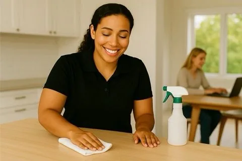 Professional cleaner cleaning table
